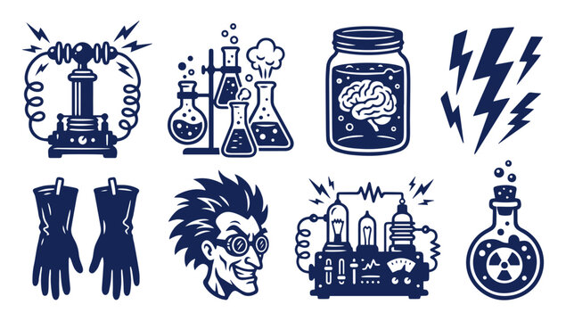 Set of mad scientist laboratory equipment and crazy professor cartoon character icons set