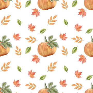 autumn leaves with watercolor pumpkins seamless pattern