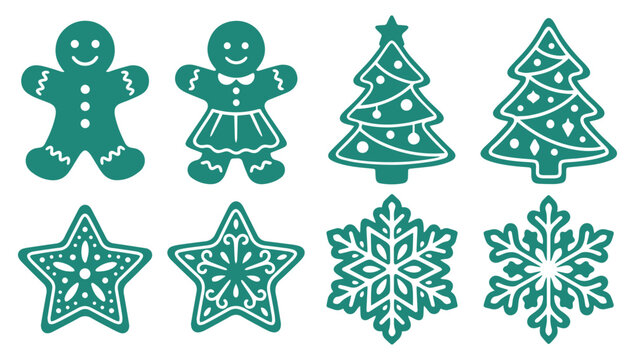 Set of festive Christmas holiday icons featuring gingerbread men trees stars and snowflakes