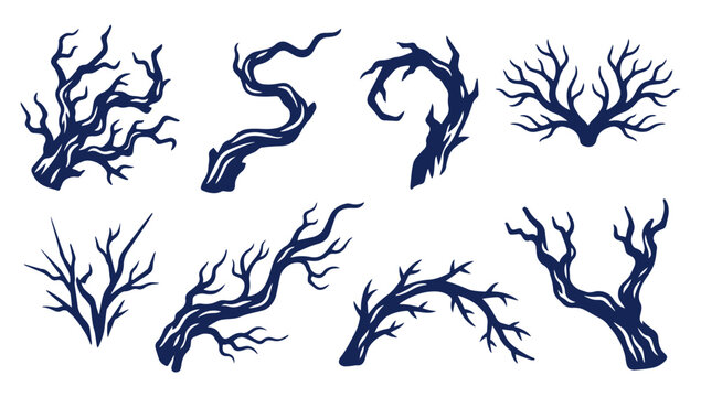 Set of dark vector silhouettes of twisted dry tree branches and bare roots