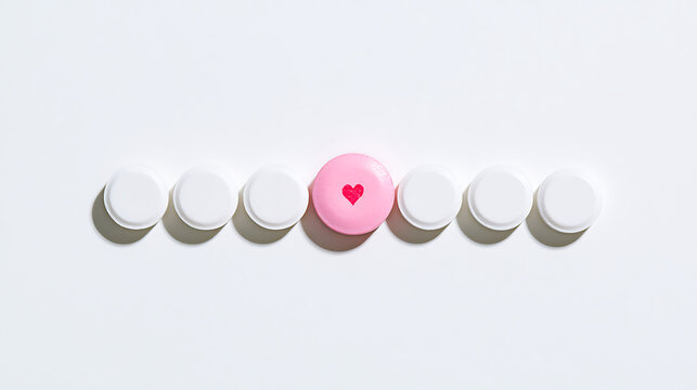 Row of round white pills with a single distinct pink tablet featuring a small red heart symbol arranged in a neat line on white background