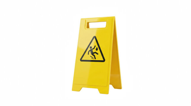 Yellow wet floor caution sign with pictogram warning of slippery surface isolated on transparent background