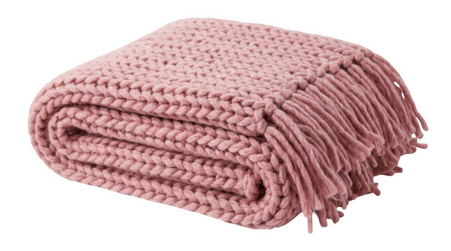 Cozy pink chunky knit wool throw blanket isolated on transparent background