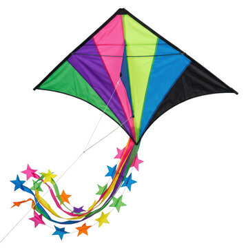 Colorful diamond shaped kite with long tail and star decorations isolated on transparent background