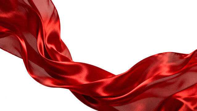 Red silk fabric flowing in the wind isolated on white background