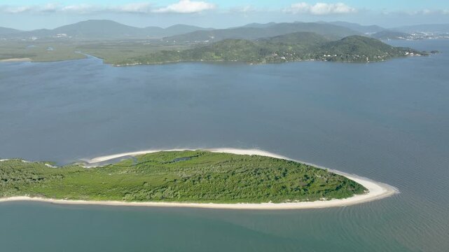 Florian&oacute;polis, Daniela Beach. Aerial View of Tropical Coastline. Establishing Shot. Santa Catarina, Brazil.