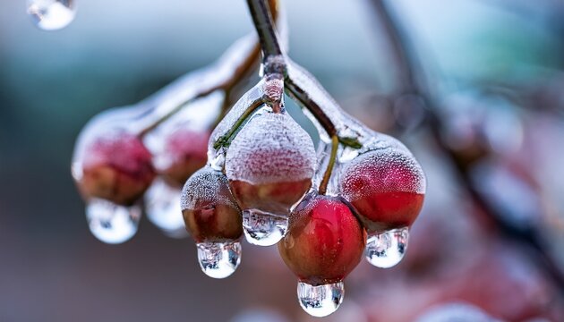 Close Up Of Icy Droplets Forming On Wild Berries In Winter