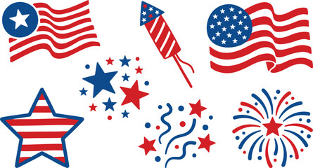 Obraz premium American patriotic illustration collection featuring waving flags, stars, fireworks, striped star, festive decoration and Independence Day celebration symbols