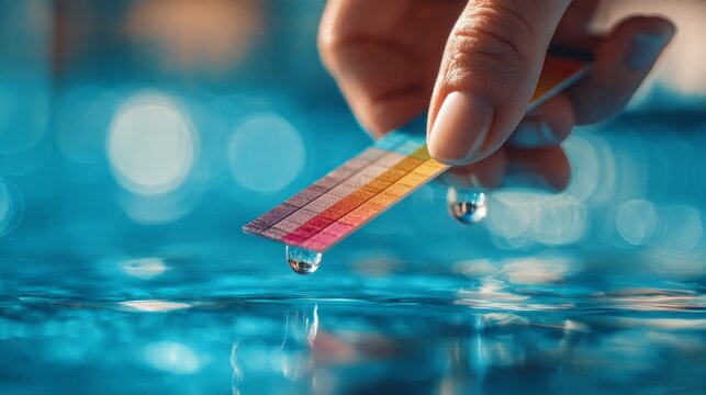 Swimming pool water testing with pH indicator strip. Hand holding chemical test paper over blue water. Pool maintenance and safety check.