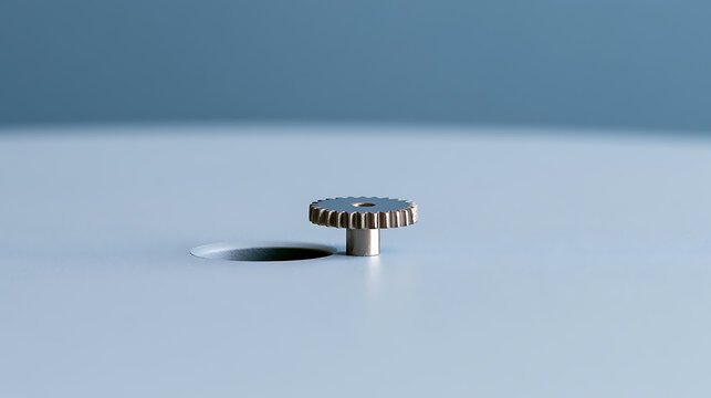 Minimalist composition with a single metal gear wheel and a hole on a clean blue background for industrial engineering concepts