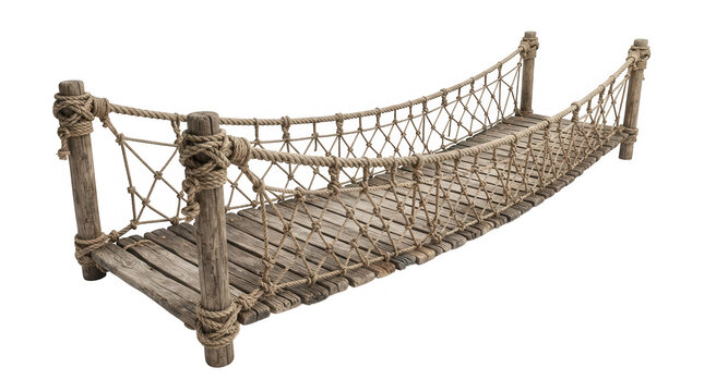 Rustic wooden rope bridge spanning a gap during daylight isolated on transparent background