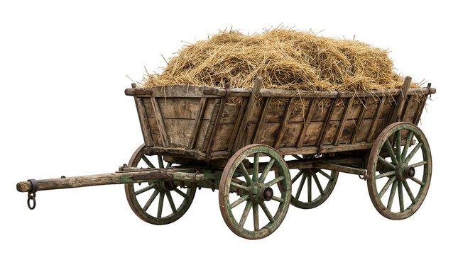 Rustic wooden wagon brimming with hay during daytime isolated on transparent background