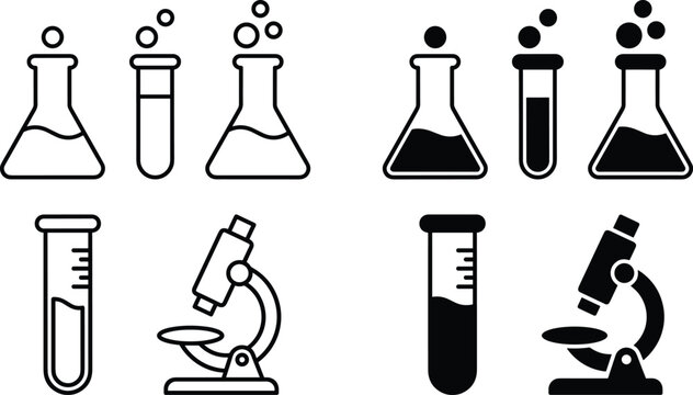 Laboratory equipment line icon collection featuring flasks, test tubes, microscope and scientific research tools in black outline vector design
