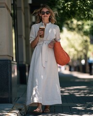 Fototapeta premium Woman in a linen dress walking a sunlit city boulevard with an iced coffee and orange straw tote, for summer fashion and beverage marketing