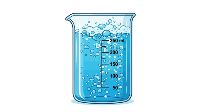 Vector illustration of a science beaker filled with bubbling blue liquid and measurement markings