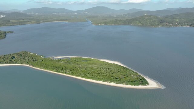 Florian&oacute;polis, Daniela Beach. Aerial View of Tropical Coastline. Establishing Shot. Santa Catarina, Brazil.