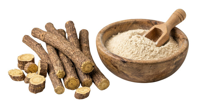 Licorice root sticks and powder in a wooden bowl isolated on transparent background