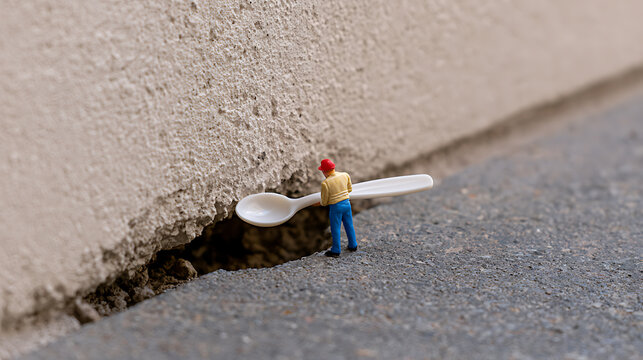 Tiny miniature figure worker with plastic spoon repair big crack in concrete wall, concept of teamwork, hard work, and business project