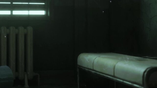 A room is empty with a metal bed placed against the wall. The floor is covered with debris and dust. The radiator stands cold and still. Light filters in from a small window.