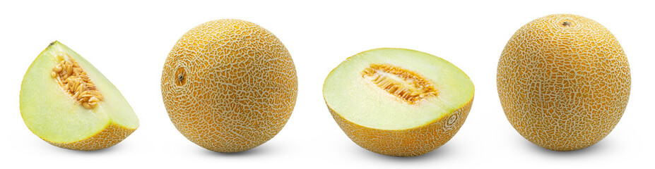 Fototapeta premium Cantaloupe melon, slice of muskmelon and half of melon isolated collection, clipping path..