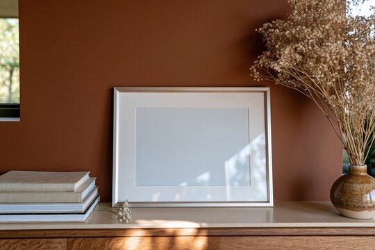 Blank blue picture frame leaning against a caramel brown wall on a wooden shelf, featuring matte books and dried flowers for a mockup