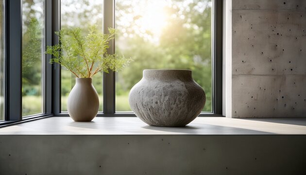 Rustic Stone Vase On A Microcement Counter Beside A Bright Window