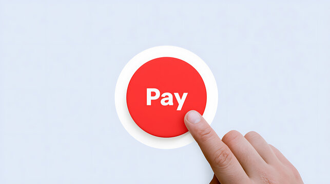 Finger press red pay button for financial transaction, online shopping concept, digital commerce, electronic payment system, internet purchase