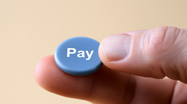 Close-up view of a finger pressing a blue button with the word pay written in white text against a neutral beige background representing finance