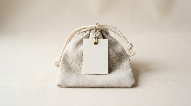 Small beige linen drawstring pouch with a blank white paper label or tag for branding.