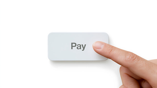 Close-up of a human finger pressing a white plastic button with the word pay written in dark grey letters on a clean minimal background
