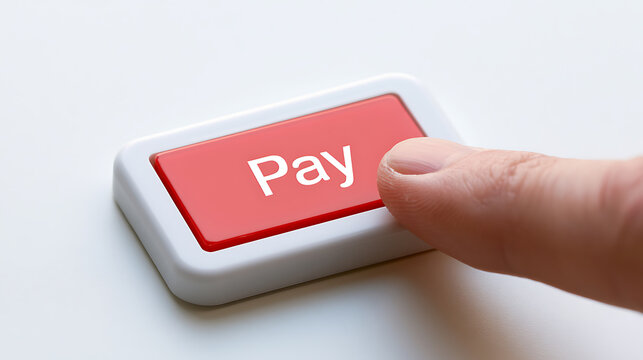 Close-up of a human finger about to press a red push button with the word pay written on it, financial transaction concept photography