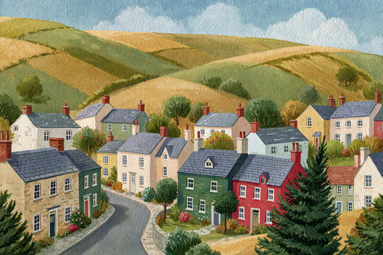 Watercolor painting showing colorful cottages and houses lining a winding road in a peaceful rural village with fields and hills