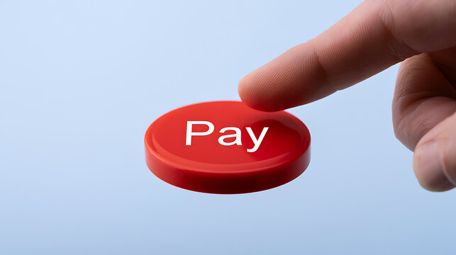 A close up view of a human hand press a bright red push button with the word pay written on it against a clean light blue background