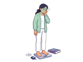 Fototapeta premium Woman standing on weight scale feeling sick with book