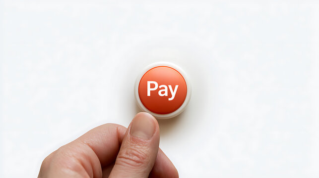 A person hand about to press a round red button with the word pay written on it against a clean white background for online transactions