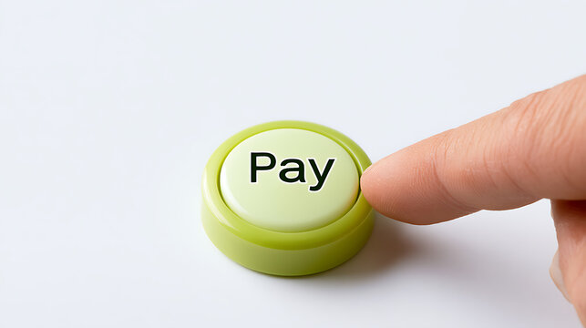 Finger press a round green button with text pay on a white surface, online store checkout concept, business transaction and e-commerce symbol
