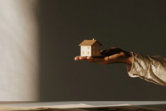 Small model house held in an open hand above a desk, featuring luminous lighting and soft textures for property advisory and mortgage consultation, with copy space