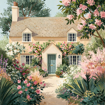 Charming cottage with a lush English garden, featuring colorful flowers and green foliage, creating a peaceful and inviting scene