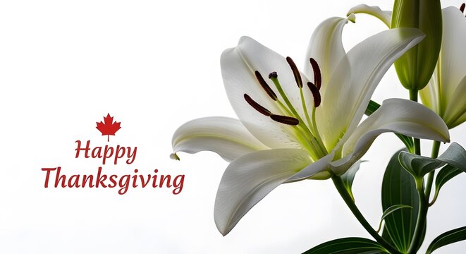 A beautiful white lily flower with a happy thanksgiving greeting and a canadian maple leaf symbol