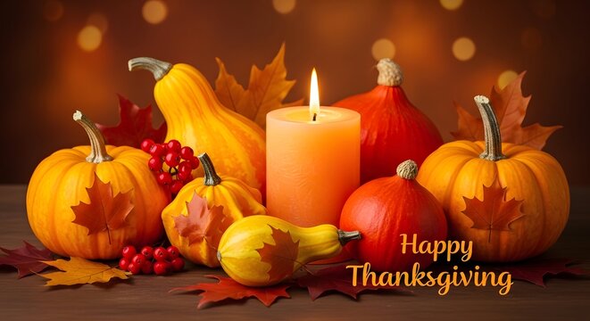 Festive thanksgiving background with pumpkins autumn leaves and a glowing candle on a dark wooden table