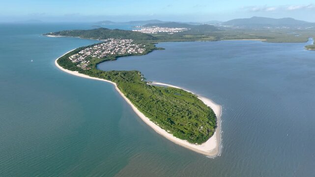 Florian&oacute;polis, Daniela Beach. Aerial View of Tropical Coastline. Establishing Shot. Santa Catarina, Brazil.