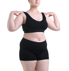 Fototapeta premium Weight loss. Overweight woman on white background, closeup