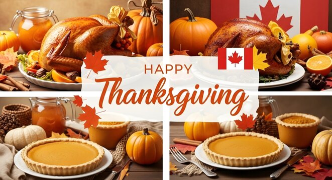 Happy thanksgiving celebration with roasted turkey pumpkin pie and autumn decorations on a rustic wooden table background