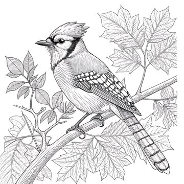 Blue jay perched on a tree branch with leaves