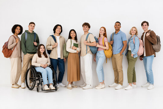 Group of diverse students posing together with backpacks and books. Education, campus life, inclusivity, university, learning.