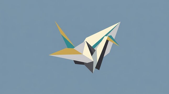 A beautifully crafted geometric origami crane with white, yellow, teal, and dark grey accents against a soft blue background.
