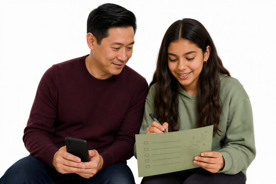 Man and girl sitting together looking at postcard with checklist. Family bonding, education, travel planning, communication.