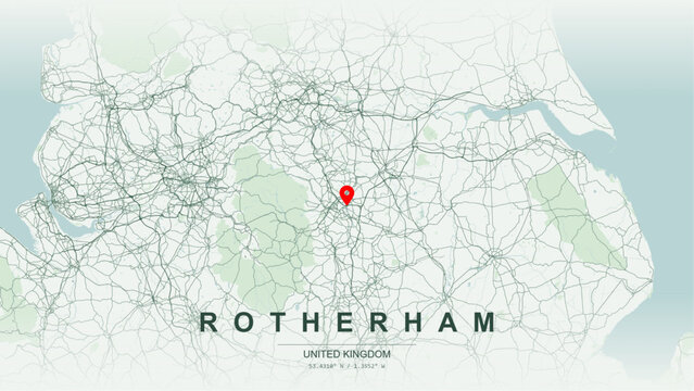 Minimalist vector map of Rotherham, South Yorkshire, England, United Kingdom. High-quality scalable illustration of Rotherham geographic boundaries along River Don, River Rother confluence for posters