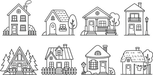 Obraz premium Set of Suburban Houses and Village Cottages in Outline Line Art Style Vector Illustration