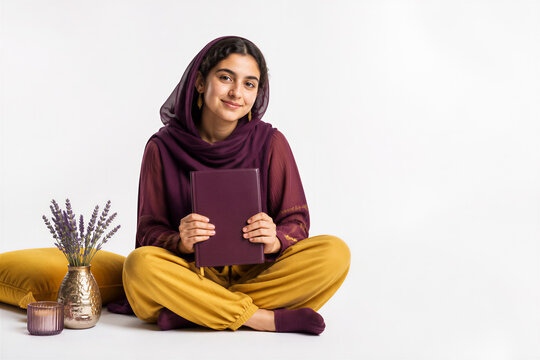 Young woman wearing hijab sitting cross legged holding book. Education, reading, study, learning, lifestyle, education industry, academic.
